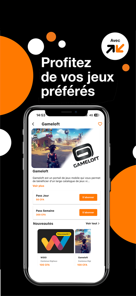 Orange Max it – Mali - Mobile screen of Orange Max it Mali app showing Gameloft games and subscription options