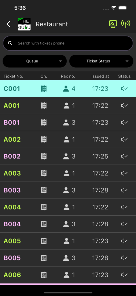 THE GULU Shop - A digital dashboard for managing restaurant queues and customer tickets in real-time.
