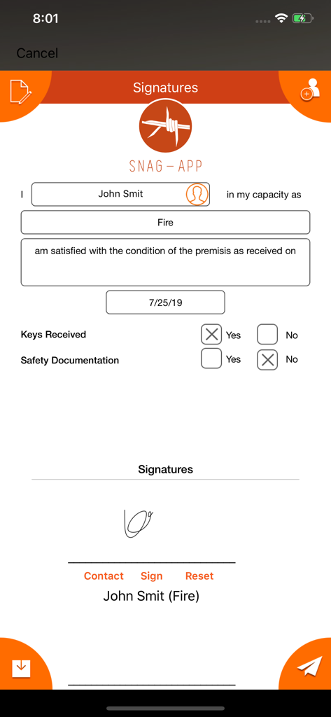 Digital signature screen in the Snag-App for property inspection reports