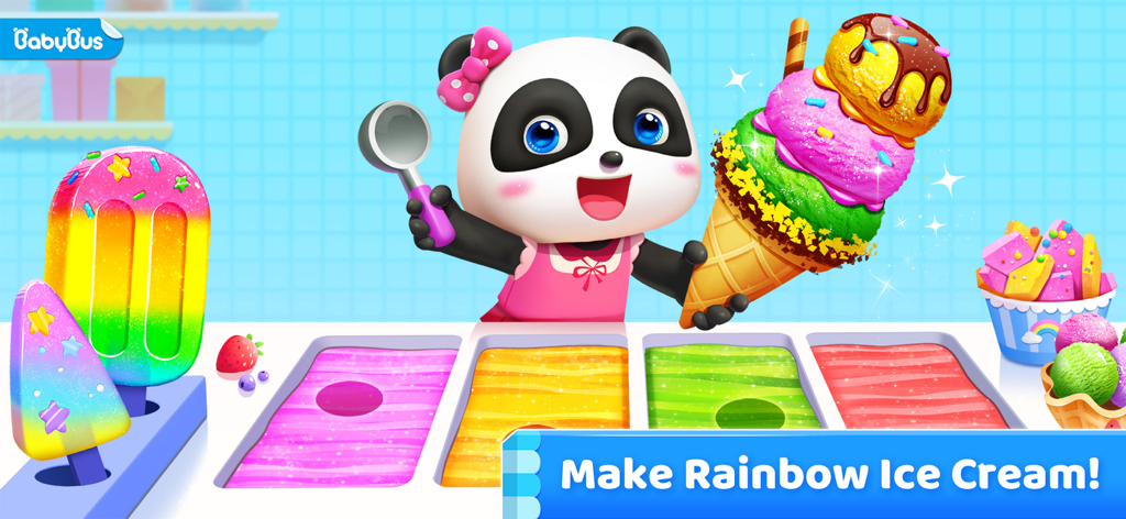 Little Panda holding a colorful rainbow ice cream cone and an ice cream scoop
