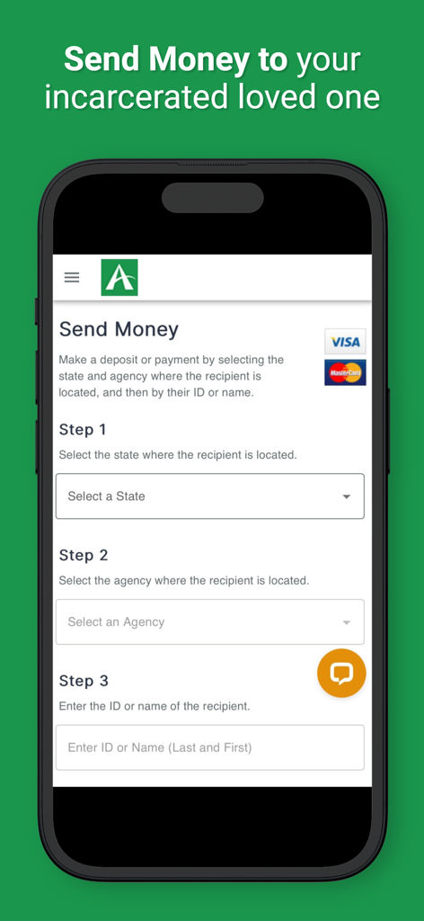 Mobile app screen for Access Corrections showing the three-step process to send money to an inmate.
