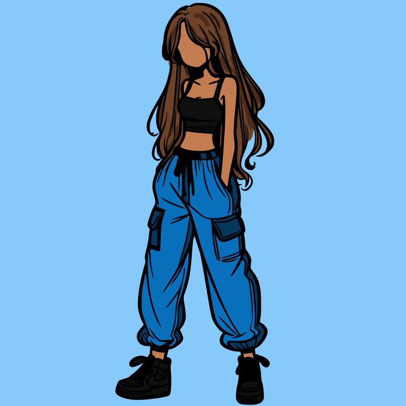 girl in baggy pants crop top and long hair