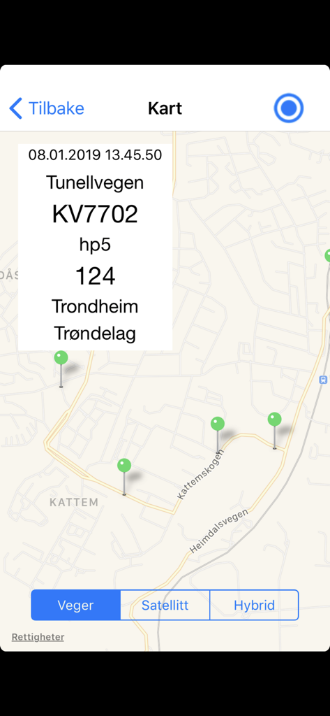 VegViseren - VegViseren 모바일 앱에서 노르웨이 트론하임의 도로 참조 데이터가 표시된 지도 표시