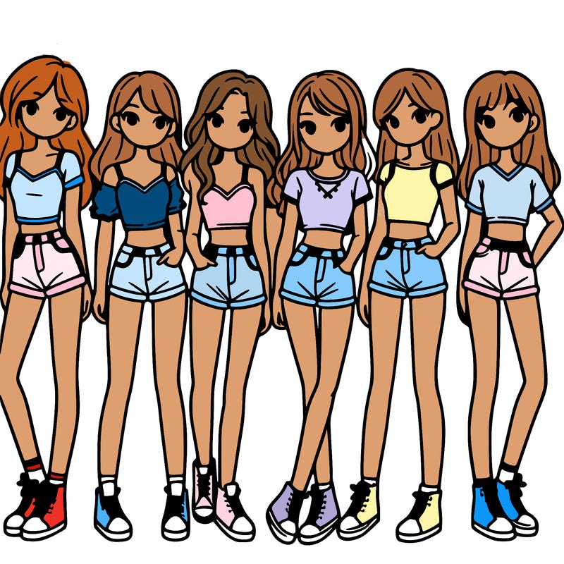 a group of girls wearing crop tops and shorts
