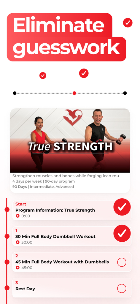 HASfit: Home Workout Programs - A screen from the HASfit app showing the True Strength 90-day workout program schedule featuring Coach Kozak and Claudia.