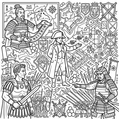 Embark on a historical journey with this unique coloring page featuring legendary military strategists from different eras. Delve into the world of ancient tactics and modern warfare as you bring these iconic figures to life.