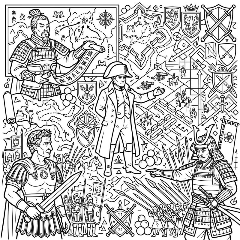 Embark on a historical journey with this unique coloring page featuring legendary military strategists from different eras. Delve into the world of ancient tactics and modern warfare as you bring these iconic figures to life.