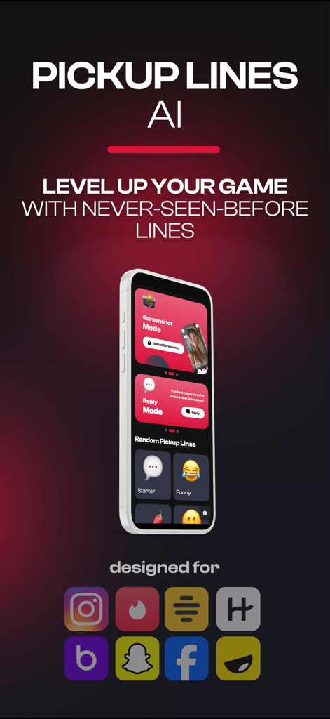 Pickup Lines AI app home screen showing screenshot and reply modes for dating apps like Tinder and Bumble.