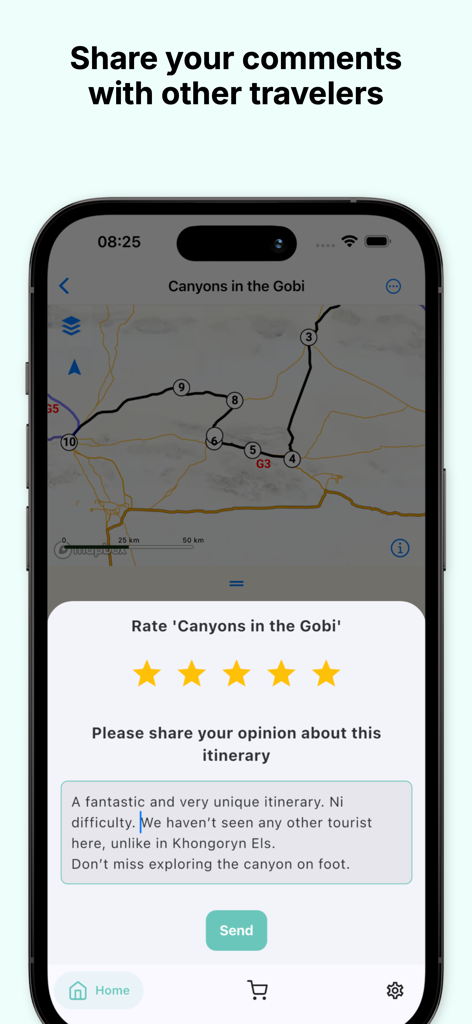 Overland Map - A smartphone screen displaying a five-star rating and review interface for an overlanding route.