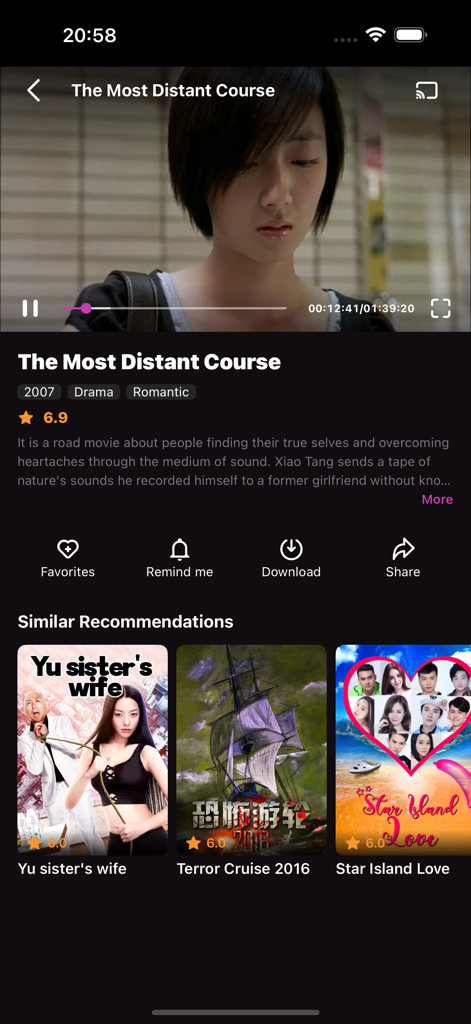 Interfaz de la aplicación HiTV que muestra información de películas y recomendaciones de contenido similar