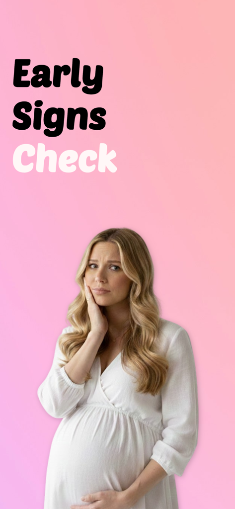Pregnancy Test Checker Quiz - Pregnant woman looking thoughtful with the text Early Signs Check on a pink background