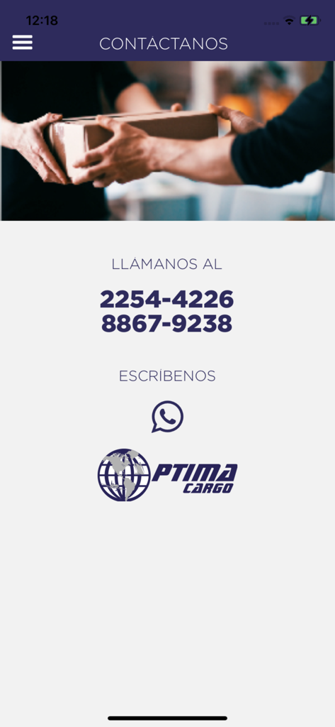 Optima Cargo contact screen showing phone numbers and WhatsApp link for customer support