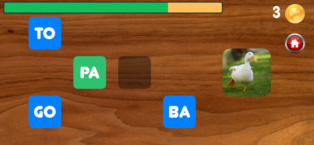 Educational game screen for forming the word pato using Spanish syllable tiles with a picture of a duck