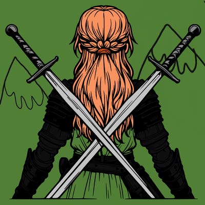 very realistic warrior girl with swords behind her back