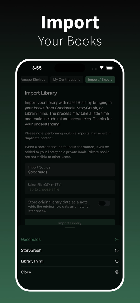 BookPine: Book Tracker Journal - Mobile screen showing book library import options from Goodreads StoryGraph and LibraryThing in the BookPine app.