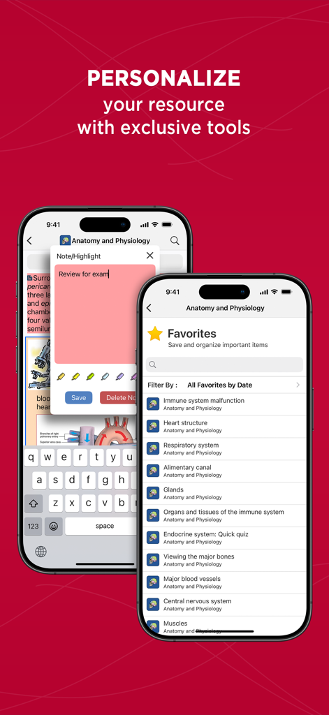 Interface of the Anatomy and Physiology app highlighting notes and favorites personalization features