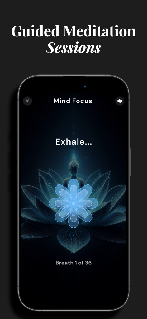 UNSHAKEN: Quit Porn Now - Guided meditation screen in the Unshaken app showing a Mind Focus breathing exercise with a blue lotus flower