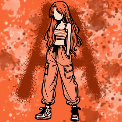 girl in baggy pants crop top and long hair