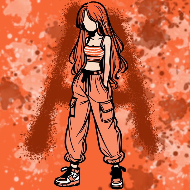 girl in baggy pants crop top and long hair