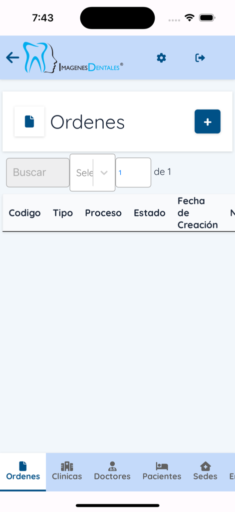 Interfaz de la aplicación Imágenes Dentales que muestra una lista de pedidos de imágenes dentales y menú de navegación.