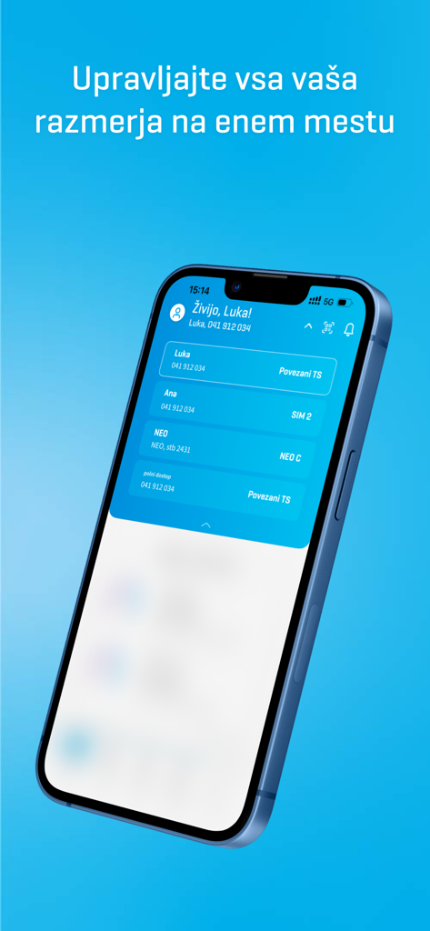 Smartphone displaying the Moj Telekom app dashboard for managing multiple telecommunications services and accounts in one place.