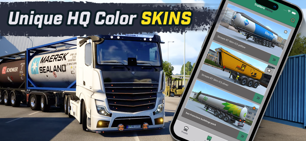 Skins for Truckers of Europe 3 - Uma prévia de skins de caminhões e reboques de alta qualidade na interface do aplicativo móvel Skins for Truckers of Europe 3