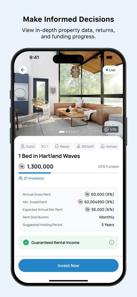 MAISOUR - ميسور - MAISOUR app interface showing detailed financial information for a Dubai property investment listing.