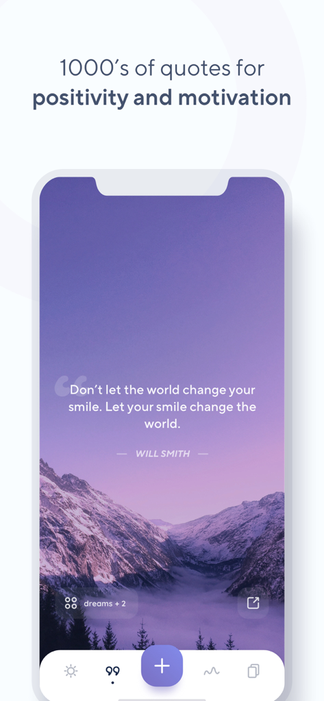 紫色の山の風景にモチベーショナルな引用が表示されているReflectlyアプリの美しいスマートフォン画面