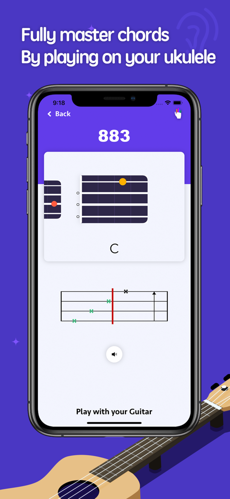 ukulele chords pro - uke chord - Interfaz de la aplicación móvil que muestra un diagrama de acorde C y notación musical para practicar el ukelele.