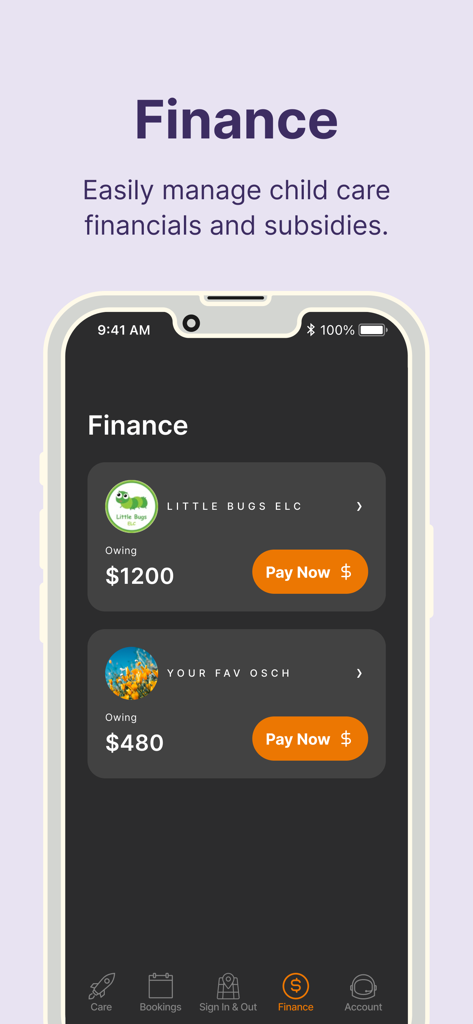 Xplor Home app finance screen showing childcare payment summaries and orange pay now buttons.