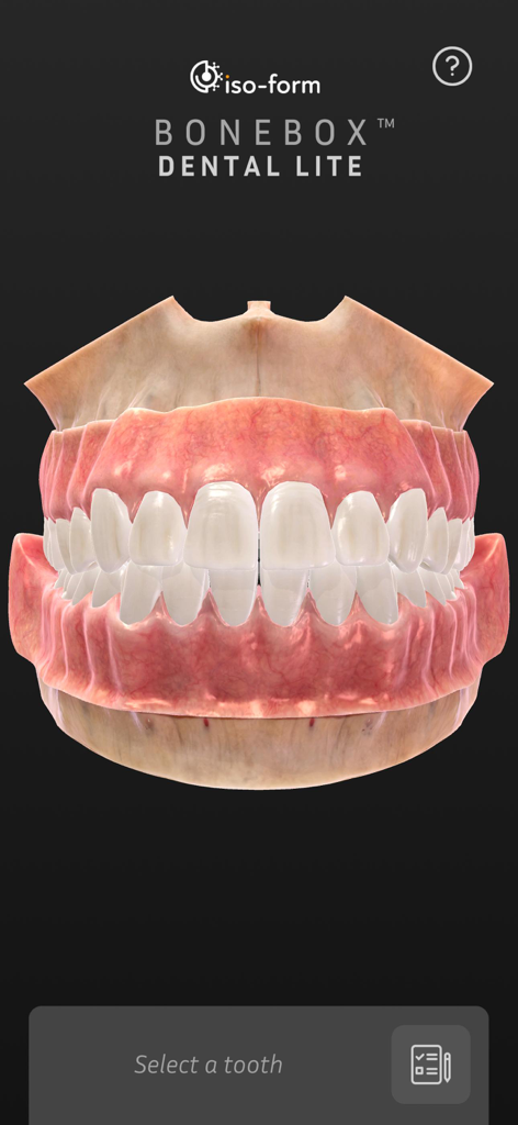 A 3D model of human teeth and gums displayed in the BoneBox Dental Lite app