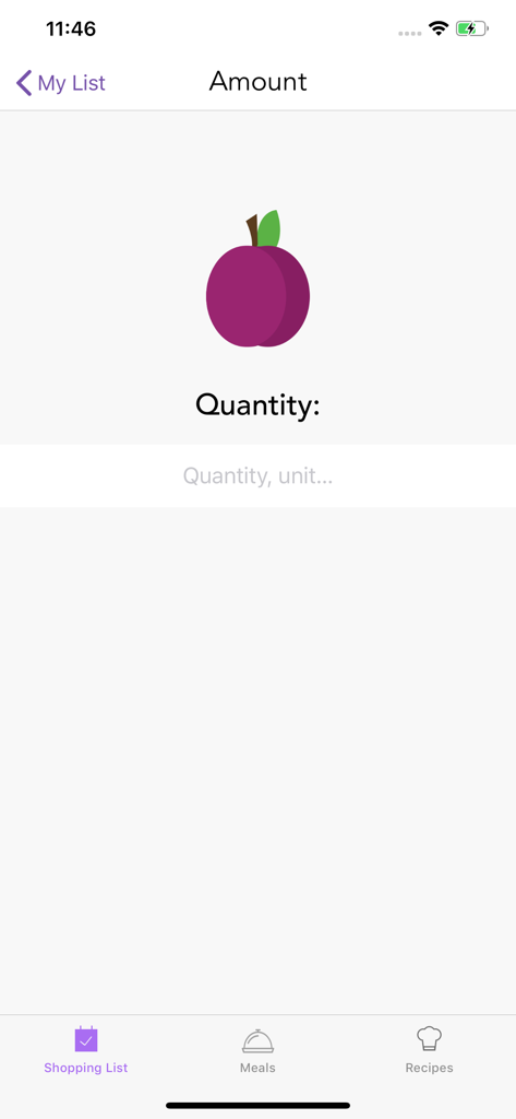 Ketogenic Keto diet food list - Tela no aplicativo de dieta Keto mostrando um campo de entrada de quantidade para uma ameixa em uma lista de compras