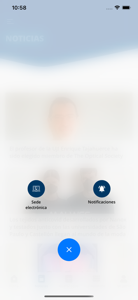 Menu de acesso rápido no aplicativo universitário UJI para notificações e escritório eletrônico