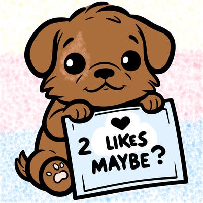 a puppy holding a sign that says 2 likes maybe?