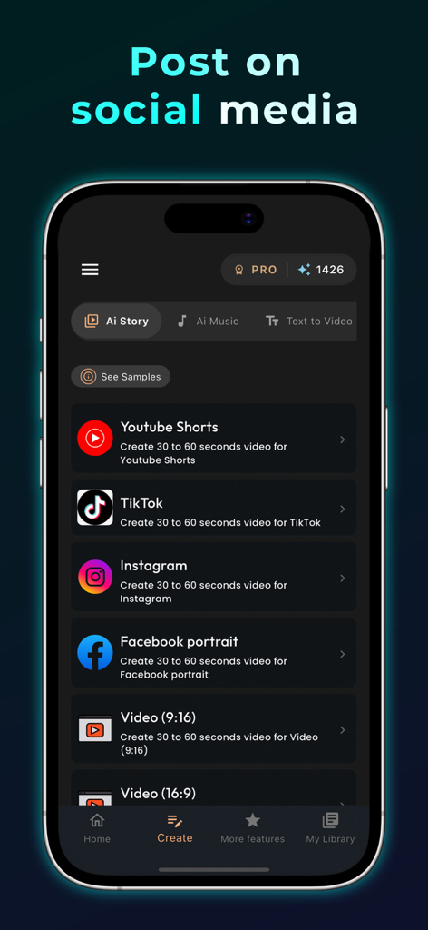 Aienvoy - Tela do aplicativo Aienvoy mostrando modelos de criação de vídeo para TikTok, Instagram e YouTube