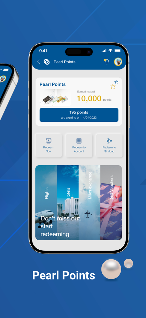 Ahlibank M-Bank - Mobile screen of Ahlibank M-Bank app showing the Pearl Points loyalty rewards dashboard.