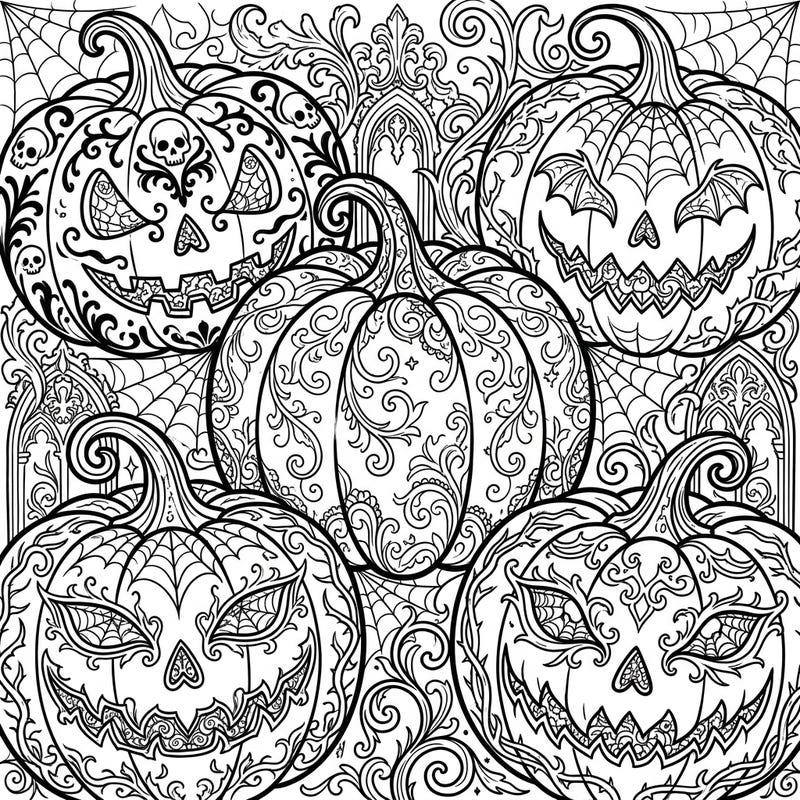 Unveil the mysterious beauty of these intricately designed gothic pumpkins, perfect for a captivating coloring adventure. Immerse yourself in a world of ornate details, spooky elements, and elegant patterns that evoke a sense of dark charm.