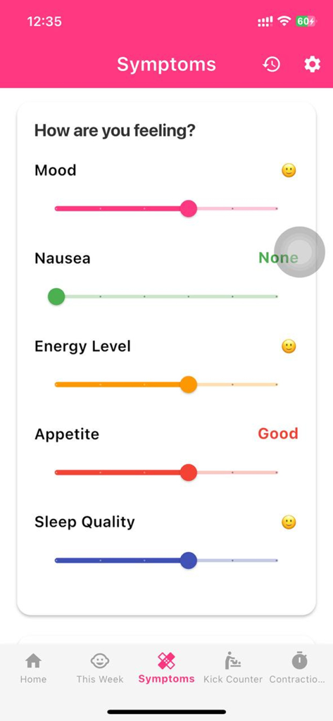 Pregnancy Calculator & Tracker - Pregnancy app symptom tracking screen with sliders for mood nausea and energy level