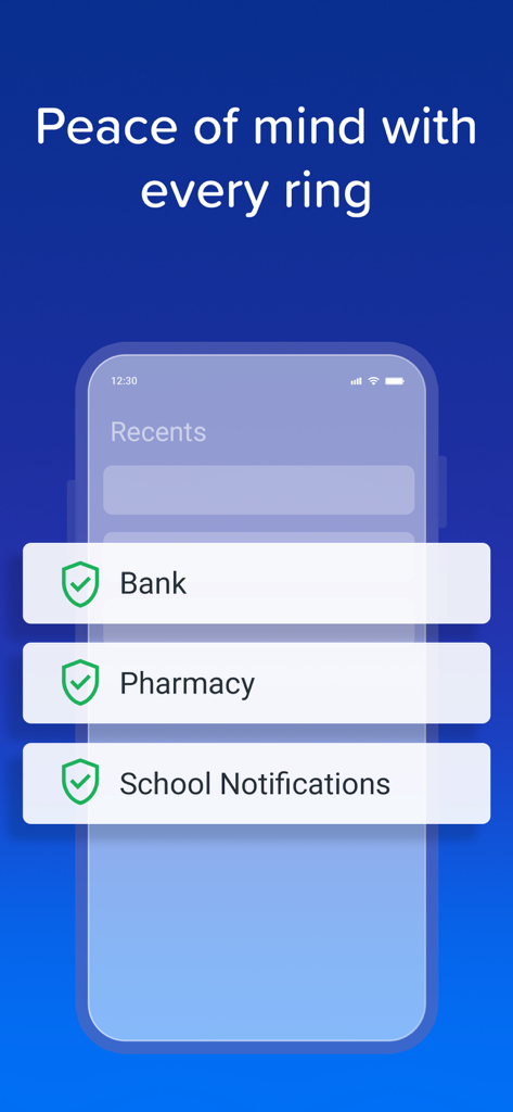 YouMail: Block Spam on iPhone - Interface showing verified calls from a bank and pharmacy with green checkmark safety icons