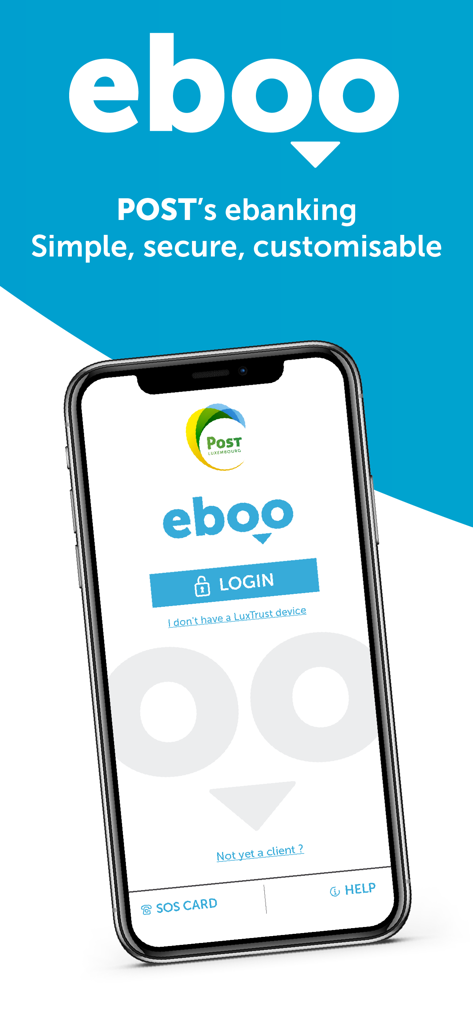 eboo - A tela de login do aplicativo de mobile banking eboo da POST Luxembourg exibida em um smartphone.