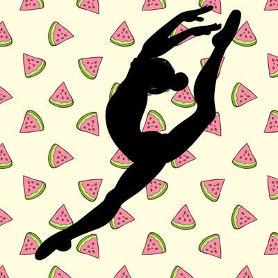 gymnast doing a leap in a leotard with a bent back leg