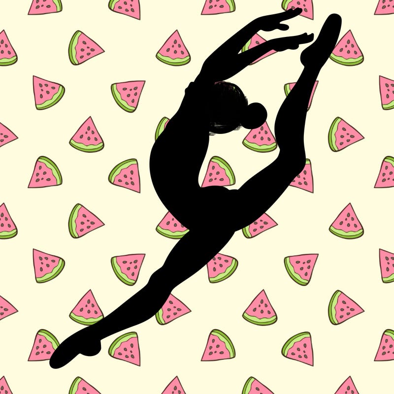 gymnast doing a leap in a leotard with a bent back leg