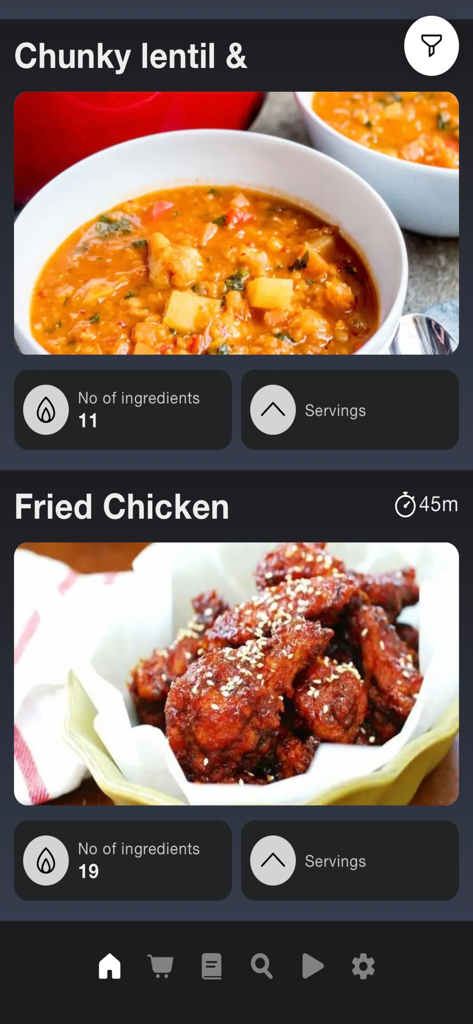 Recipe Builder - Empty Fridge - Mobile app interface displaying recipe suggestions like lentil soup and fried chicken for available ingredients.