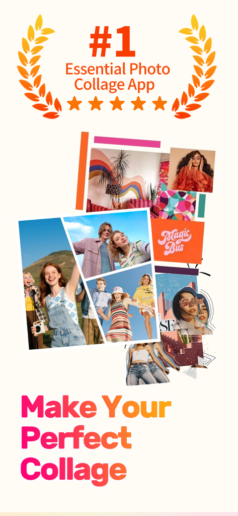 Collage Maker: Photos Editor - Collage Makerアプリのプロモーション画面。最高評価とカラフルな写真コラージュの例が表示されています。