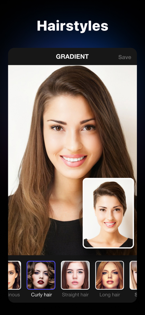 Gradient app screenshot showing AI hairstyle filter options for long and short hair