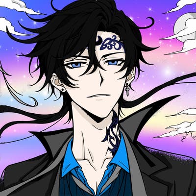 anime handsome guy, vampire with small crescent moon tattoo on forehead, windy