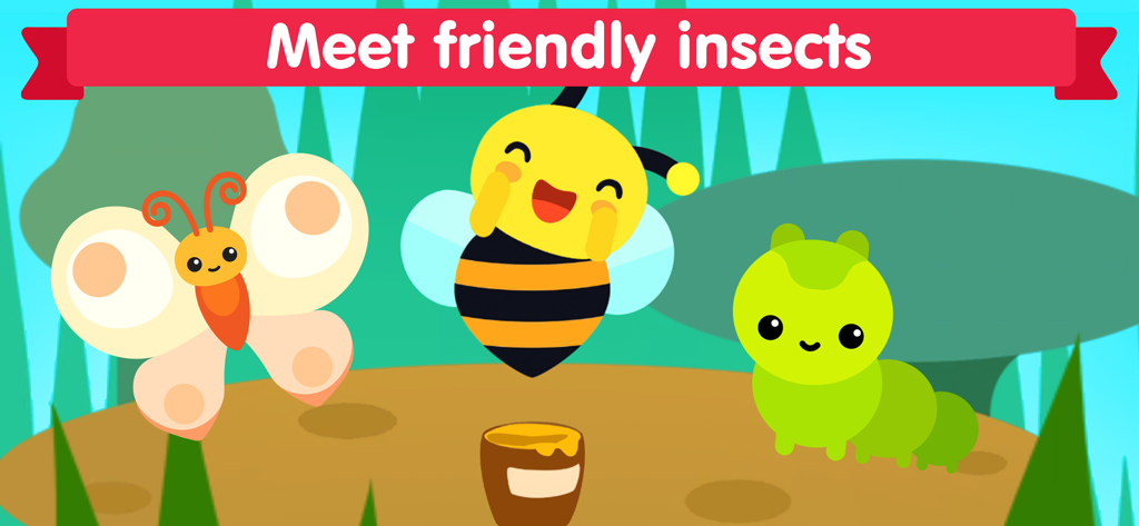 Colorful cartoon illustration of a butterfly, bee, and caterpillar in a toddler learning game