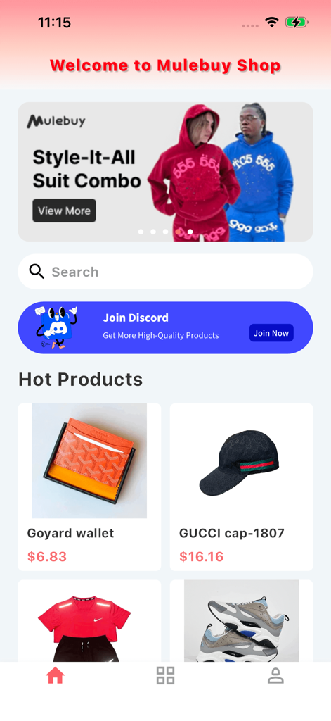 Mulebuy Sheets - Mulebuy Sheets mobile app home screen displaying hot products like streetwear wallets and caps