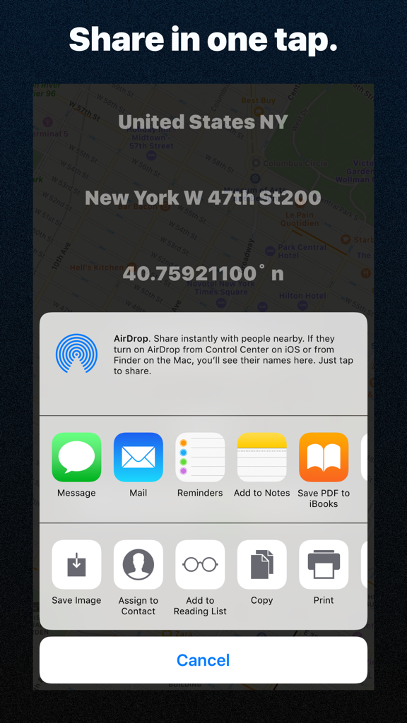 iOS share sheet in WGPS 2 AR app showing current GPS coordinates and address for quick sharing.