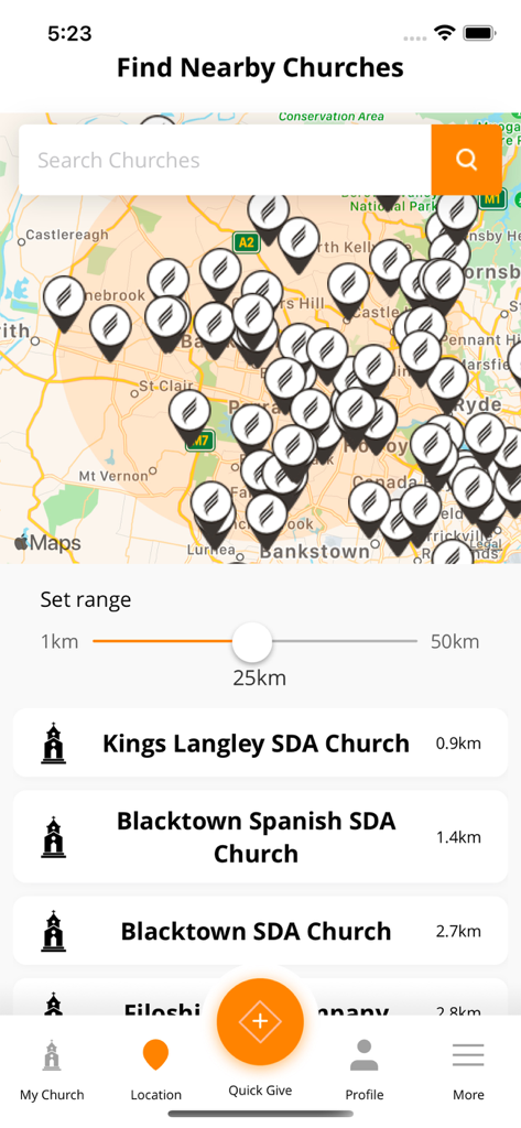Map view of the eGiving app showing nearby Seventh day Adventist churches and distance slider